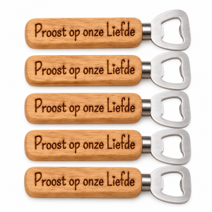 Opener hout 5 stuks Proost op onze liefde