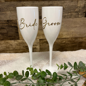 Champagneglazen wit/goud Bride & Groom