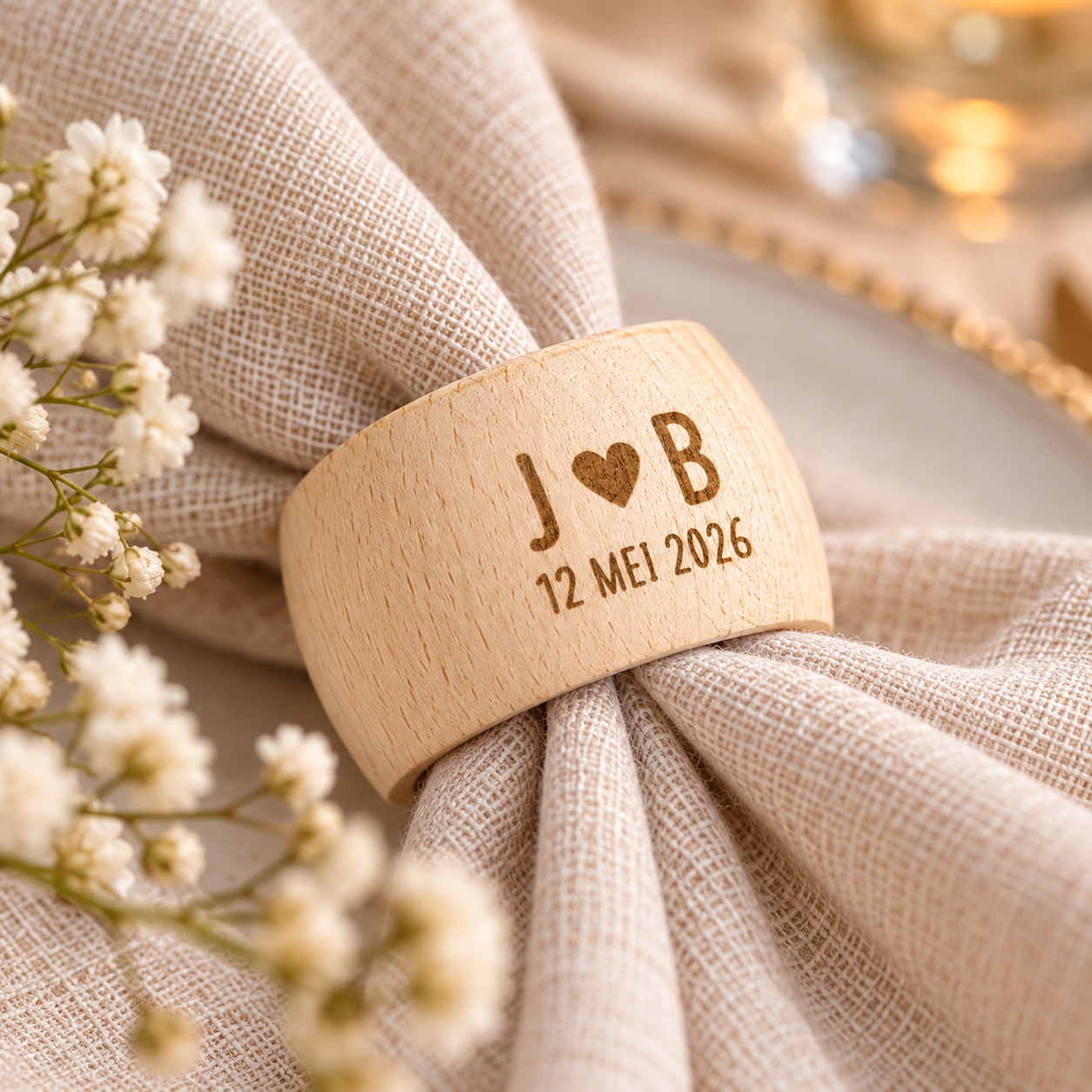 Houten servetring bruiloft – Gepersonaliseerd met initialen en trouwdatum - Afbeelding 3